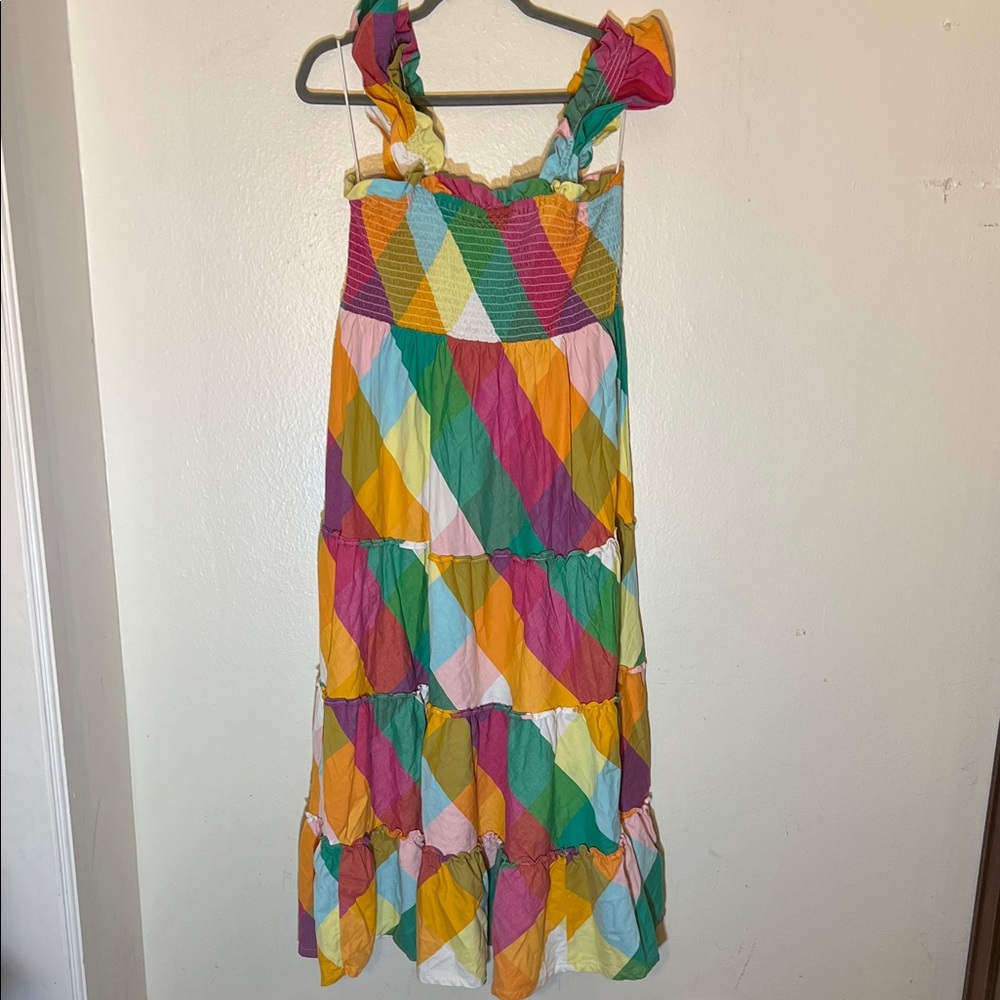 crown & ivy Bright Colorful Large Checkerd Cotton Smocked Tiered Maxi Sundress L